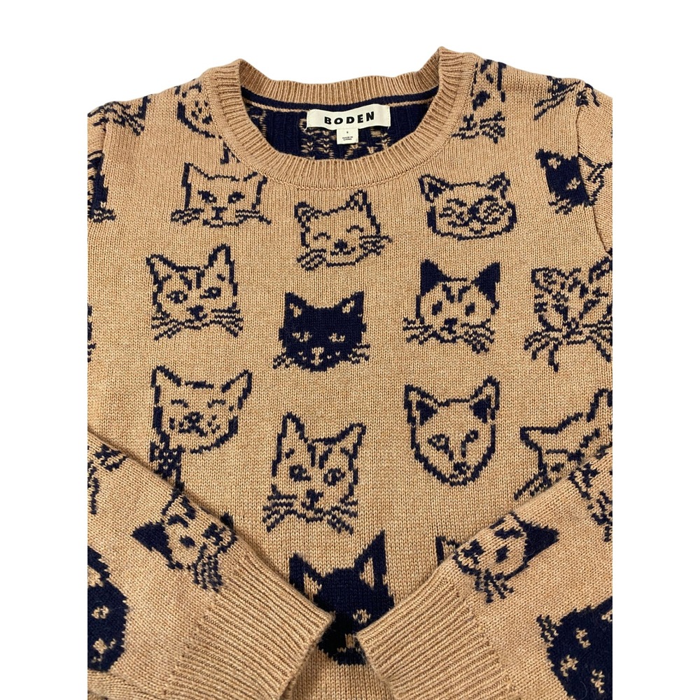 Boden Women Tan Navy Blue Cat Face Intarsia Knit Pullover Sweater Small S